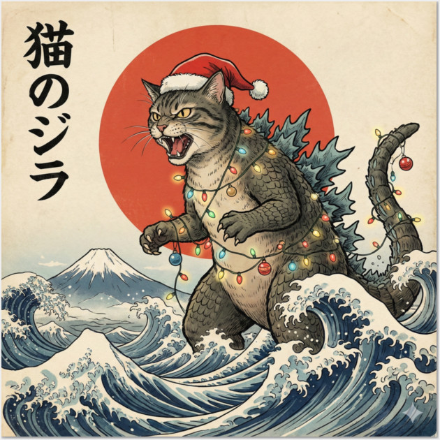 Catzilla Cat Christmas Japanese Wall Art by Creatifly Graphic Tees