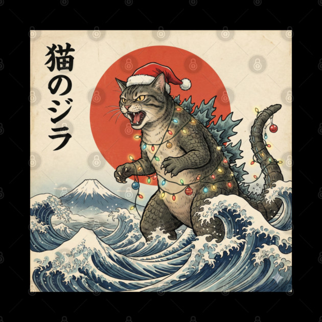 Catzilla Cat Christmas Japanese by Creatifly Graphic Tees