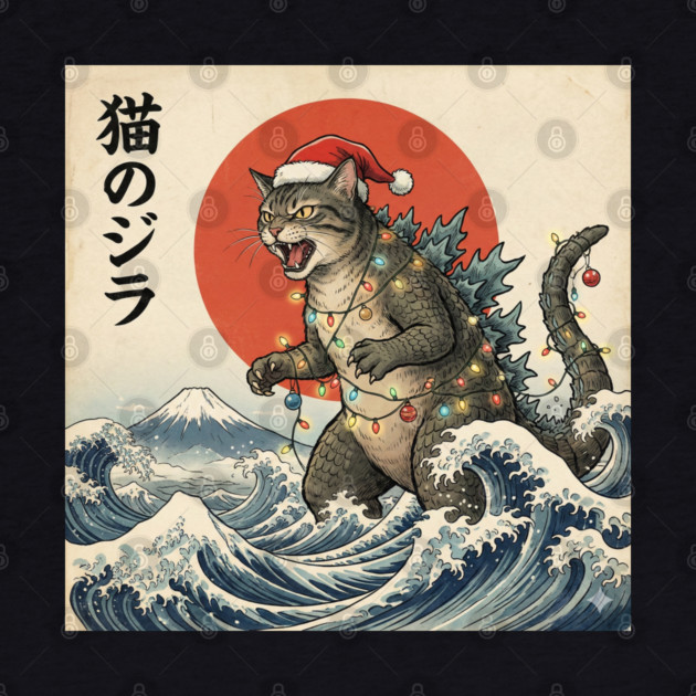 Catzilla Cat Christmas Japanese by Creatifly Graphic Tees