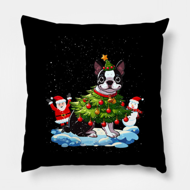 Boston Terrier Merry Christmas Tree Lights Dog Pillow by yangho