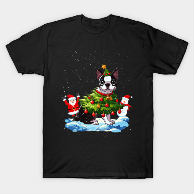 Boston Terrier Merry Christmas Tree Lights Dog T-Shirt by yangho