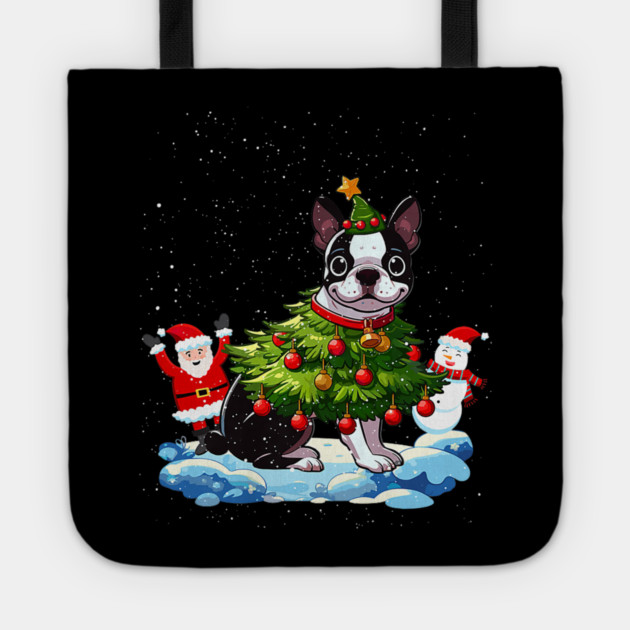 Boston Terrier Merry Christmas Tree Lights Dog Tote by yangho