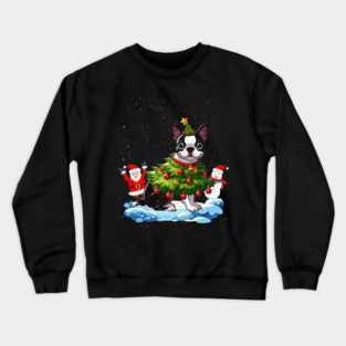 Boston Terrier Merry Christmas Tree Lights Dog Crewneck Sweatshirt