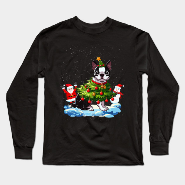 Boston Terrier Merry Christmas Tree Lights Dog Long Sleeve T-Shirt by yangho