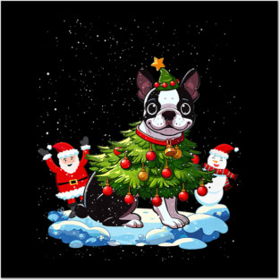 Boston Terrier Merry Christmas Tree Lights Dog Posters and Art