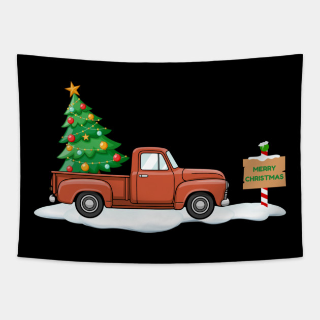 Vintage Christmas Truck with Tree Tapestry by Creatifly Graphic Tees
