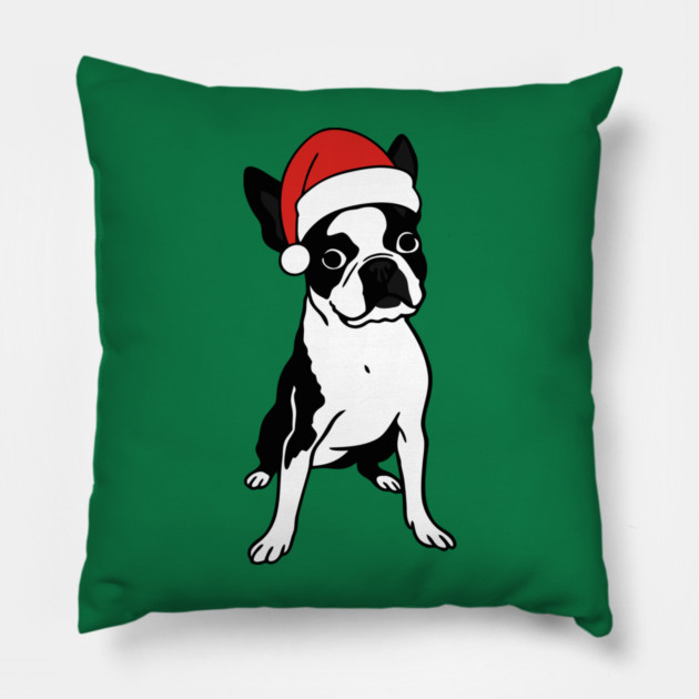 Christmas Santa Boston Terrier Dog With Hat Pillow by DonWillisJrArt