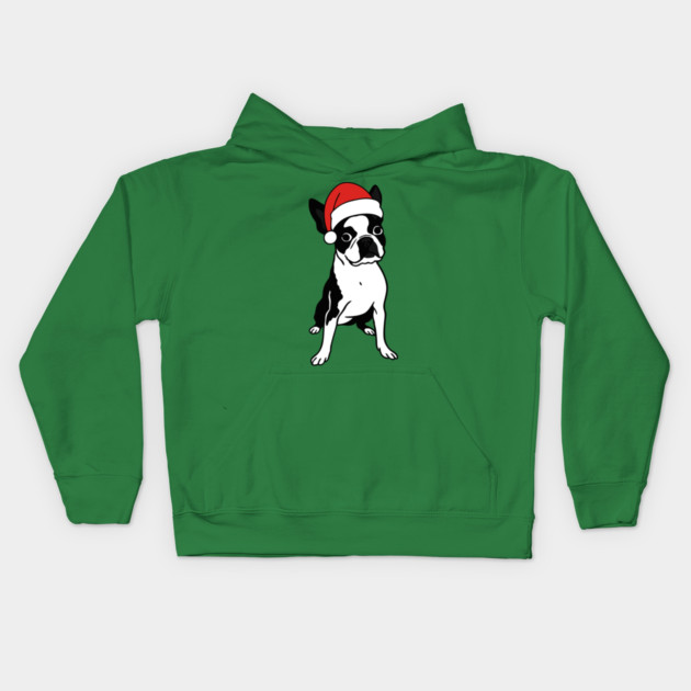 Christmas Santa Boston Terrier Dog With Hat Kids Hoodie by DonWillisJrArt