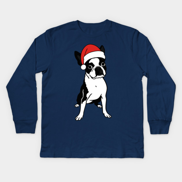 Christmas Santa Boston Terrier Dog With Hat Kids Long Sleeve T-Shirt by DonWillisJrArt
