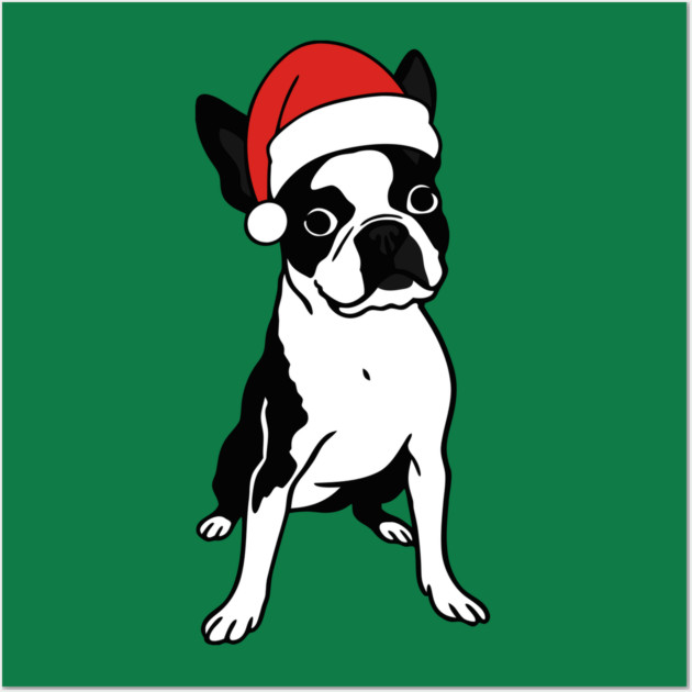 Christmas Santa Boston Terrier Dog With Hat Wall Art by DonWillisJrArt