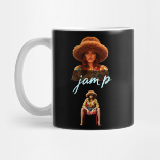 Trendy Jamp Text with 70s Fashion Model with a Furry Hat Mug