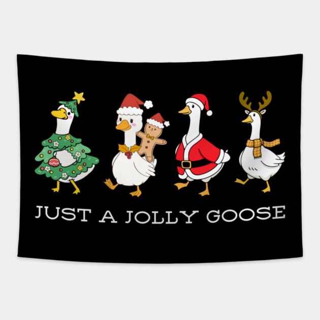 Jolly Christmas Geese – Festive Feathered Friends in Holiday Gear Tapestry by Creatifly Graphic Tees