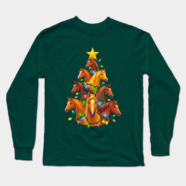 Holiday Horse Tree – Christmas Horses Wrapped in Lights Long Sleeve T-Shirt by Creatifly Graphic Tees