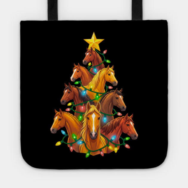 Holiday Horse Tree – Christmas Horses Wrapped in Lights Tote by Creatifly Graphic Tees