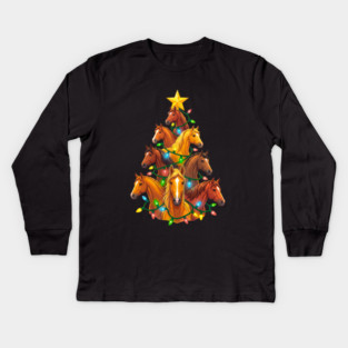Holiday Horse Tree – Christmas Horses Wrapped in Lights Kids Long Sleeve T-Shirt