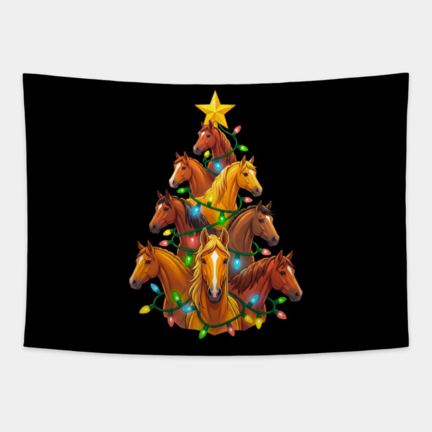 Holiday Horse Tree – Christmas Horses Wrapped in Lights Tapestry by Creatifly Graphic Tees