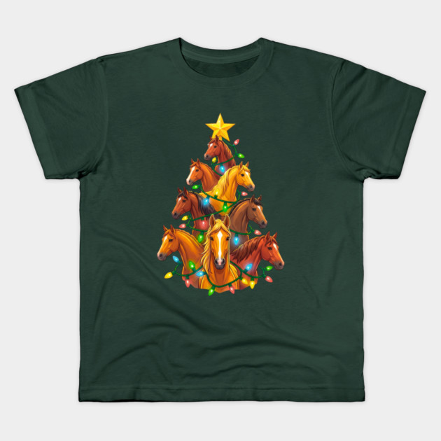 Holiday Horse Tree – Christmas Horses Wrapped in Lights Kids T-Shirt by Creatifly Graphic Tees