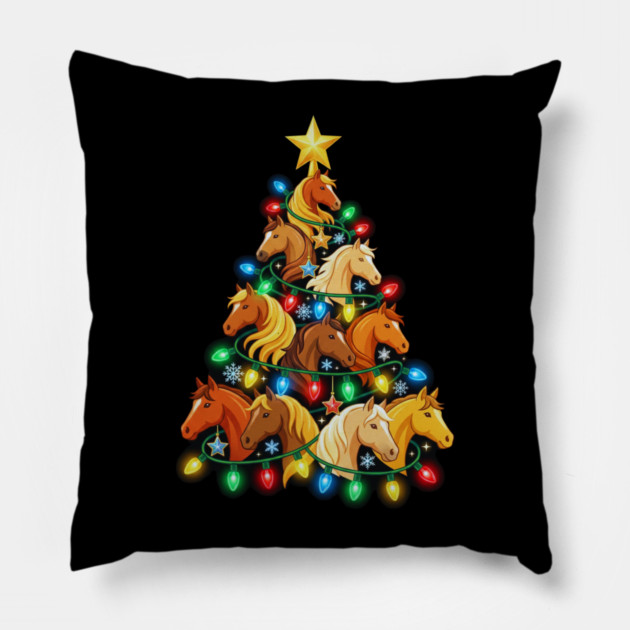 Christmas Tree of Horses – Festive Horse Holiday Lights Pillow by Creatifly Graphic Tees
