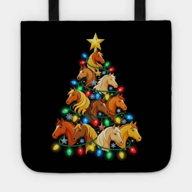 Christmas Tree of Horses – Festive Horse Holiday Lights Tote by Creatifly Graphic Tees