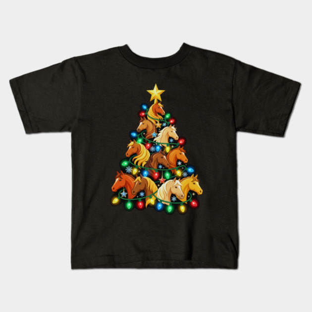 Christmas Tree of Horses – Festive Horse Holiday Lights Kids T-Shirt by Creatifly Graphic Tees