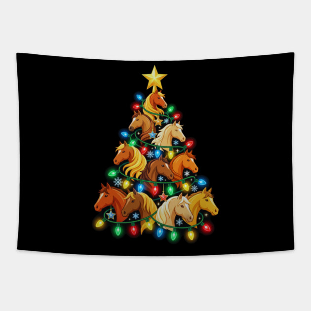 Christmas Tree of Horses – Festive Horse Holiday Lights Tapestry by Creatifly Graphic Tees