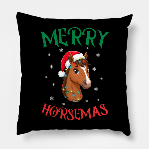 Merry Horsemas – Festive Horse with Christmas Lights Pillow by Creatifly Graphic Tees