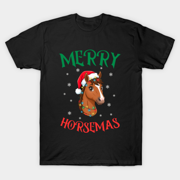 Merry Horsemas – Festive Horse with Christmas Lights T-Shirt by Creatifly Graphic Tees