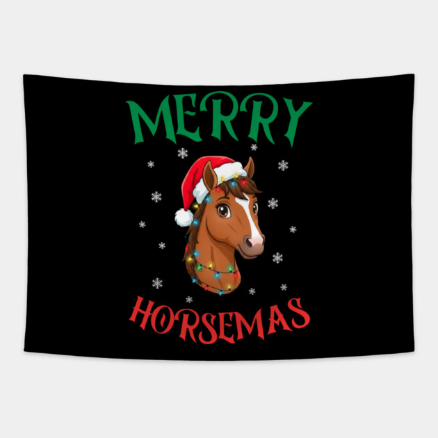 Merry Horsemas – Festive Horse with Christmas Lights Tapestry by Creatifly Graphic Tees