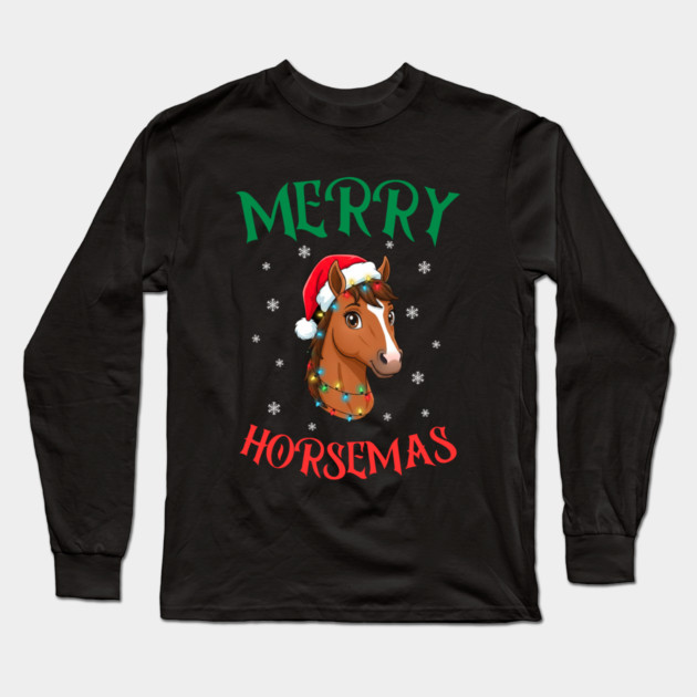 Merry Horsemas – Festive Horse with Christmas Lights Long Sleeve T-Shirt by Creatifly Graphic Tees