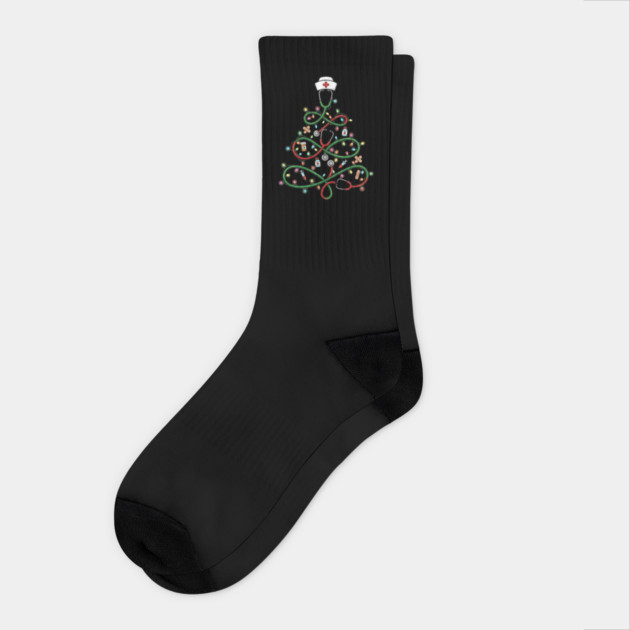 Stethoscope Christmas Tree Lights Nurse Socks by Creatifly Graphic Tees