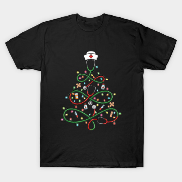 Stethoscope Christmas Tree Lights Nurse T-Shirt by Creatifly Graphic Tees