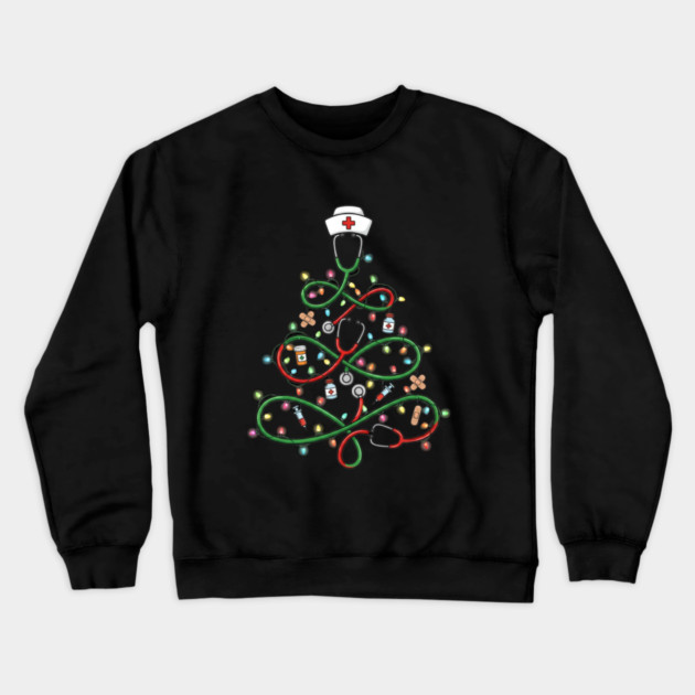 Stethoscope Christmas Tree Lights Nurse Crewneck Sweatshirt by Creatifly Graphic Tees