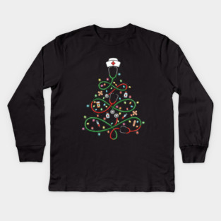 Stethoscope Christmas Tree Lights Nurse Kids Long Sleeve T-Shirt