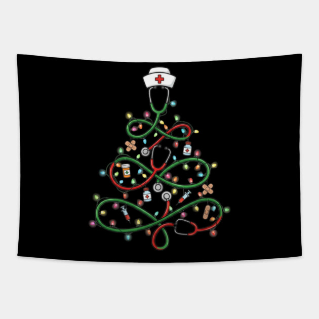 Stethoscope Christmas Tree Lights Nurse Tapestry by Creatifly Graphic Tees