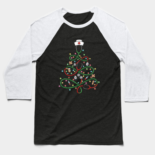 Stethoscope Christmas Tree Lights Nurse Baseball T-Shirt by Creatifly Graphic Tees
