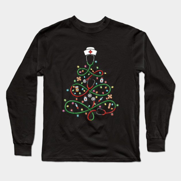 Stethoscope Christmas Tree Lights Nurse Long Sleeve T-Shirt by Creatifly Graphic Tees