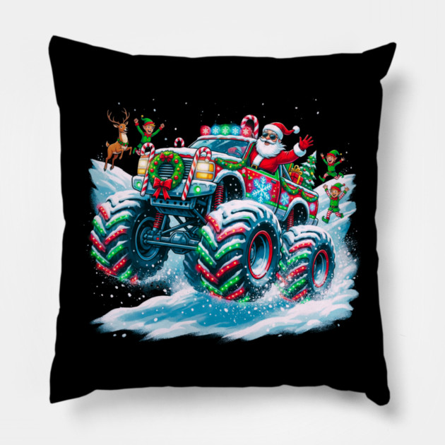 Santa's Christmas Monster Truck – Festive Adventure on Snowy Roads Pillow by Creatifly Graphic Tees