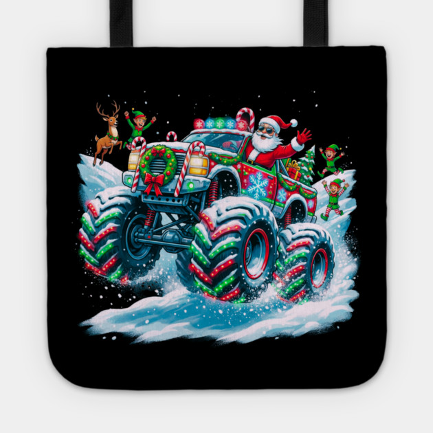 Santa's Christmas Monster Truck – Festive Adventure on Snowy Roads Tote by Creatifly Graphic Tees