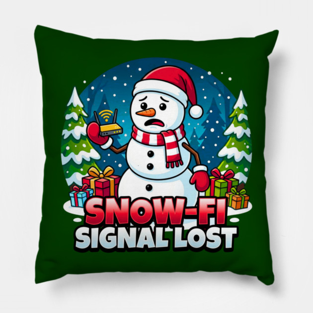 Snowman with Lost Wi-Fi Signal – Snow-Fi Troubles Pillow by Creatifly Graphic Tees