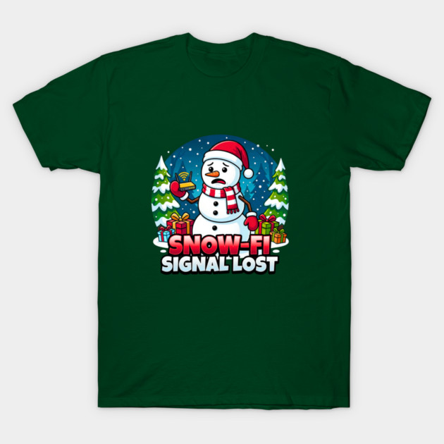 Snowman with Lost Wi-Fi Signal – Snow-Fi Troubles T-Shirt by Creatifly Graphic Tees