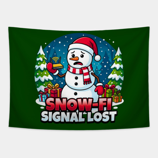 Snowman with Lost Wi-Fi Signal – Snow-Fi Troubles Tapestry by Creatifly Graphic Tees
