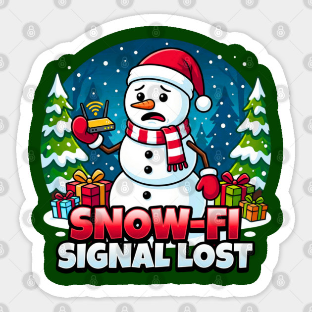 Snowman with Lost Wi-Fi Signal – Snow-Fi Troubles Sticker by Creatifly Graphic Tees