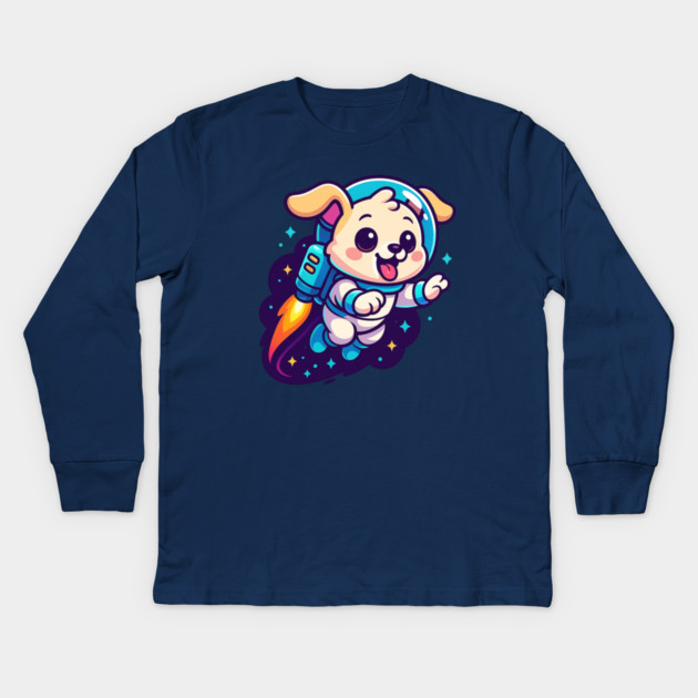 Kawaii Space Dog with Jetpack • Whimsical Astronaut Puppy Design Kids Long Sleeve T-Shirt by Anne Lee