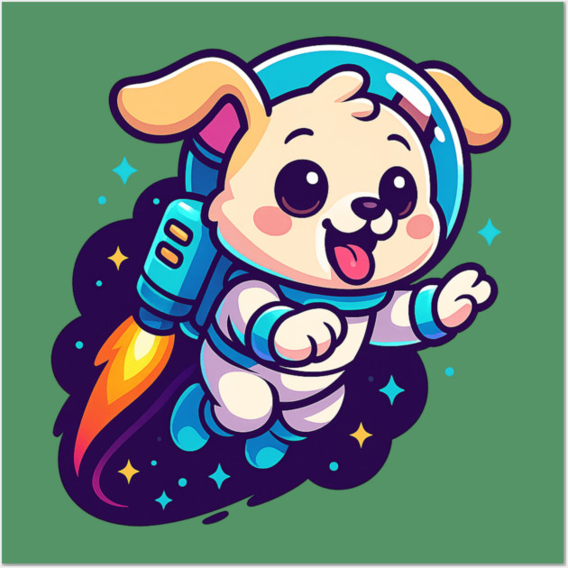 Kawaii Space Dog with Jetpack • Whimsical Astronaut Puppy Design Wall Art by Anne Lee