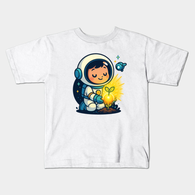 Kawaii Child Astronaut Caring for Plant • Adorable Sci-Fi Nature Design Kids T-Shirt by Anne Lee