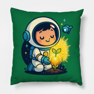 Kawaii Child Astronaut Caring for Plant • Adorable Sci-Fi Nature Design Pillow