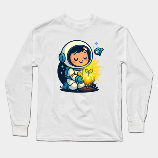 Kawaii Child Astronaut Caring for Plant • Adorable Sci-Fi Nature Design Long Sleeve T-Shirt by Anne Lee