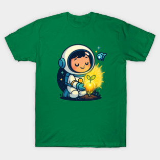 Kawaii Child Astronaut Caring for Plant • Adorable Sci-Fi Nature Design T-Shirt