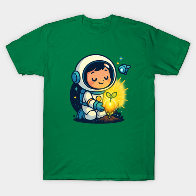 Kawaii Child Astronaut Caring for Plant • Adorable Sci-Fi Nature Design T-Shirt by Anne Lee