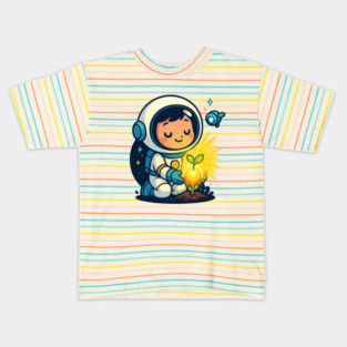 Kawaii Child Astronaut Caring for Plant • Adorable Sci-Fi Nature Design Kids T-Shirt